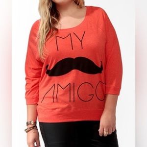 Red Orange My Mustache Amigo Three Quarter Sleeve Shirt Graphic Top